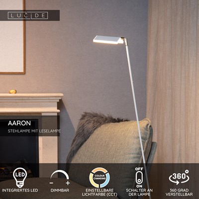 Lucide AARON - Stehlampe Mit Leselampe - LED Dim. - CCT - 1x12W 2700K/4000K - Weiß